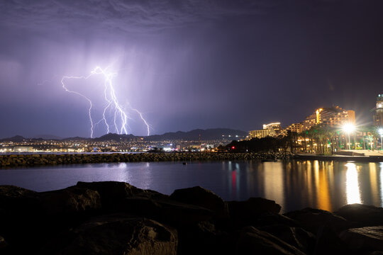 Massive Lightning Strike Over the Eilat city Suburbs Lights