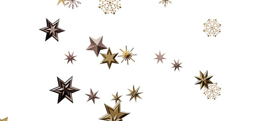 new year pattern. Christmas theme, golden openwork shiny snowflakes, star, 3D rendering.