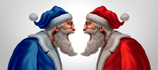 Holiday conflict and Santa Claus in disagreement with another santaclaus as a christmas time stress or political war season between blue left and red right as a concept with 3D illustration elements. - obrazy, fototapety, plakaty