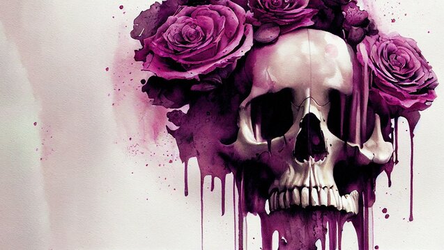 Illustration of a skull with violet roses around and paint making stains on the white background