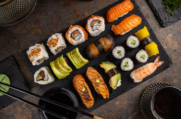 Top view of assorted sushi.