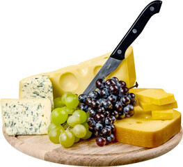 Various Kinds of Cheeses, Grape, Bread and Knife on the Wooden Platter - Isolated