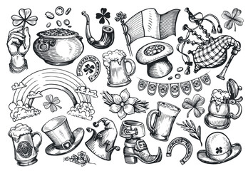 Patricks day concept. Irish holiday symbols set sketch. Collection vector illustrations drawn in vintage engraving style