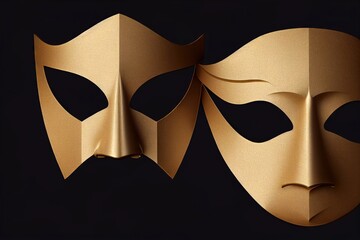Golden theater masks of drama and comedy on a dark background - obrazy, fototapety, plakaty