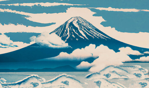 Illustration of Mountain on nature landscape. Japan traditional sumi-e painting. Digital Painting
