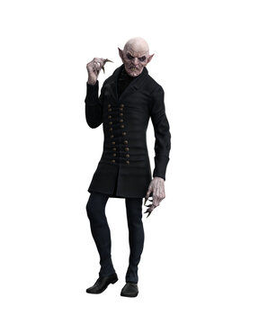 Vampire standing in thoughtful pose. 3d illustration isolated on transparent background.