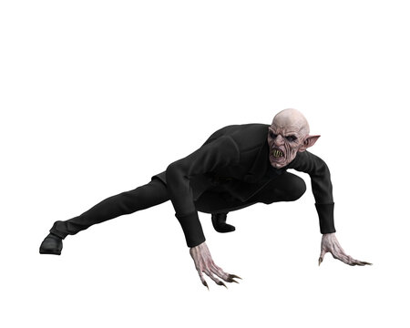 Vampire crouching with hands on the floor. 3d illustration isolated on transparent background.