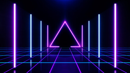 Retro Sci-Fi Background Futuristic Grid landscape of the 80s. Digital Cyber Surface. Suitable for design in the style of the 1980s. 3D illustration