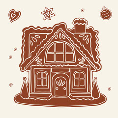 Gingerbread house for Christmas. Cute handmade honey gingerbread with patterns and sweets.