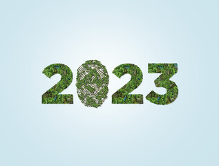 Green earth 2023. New Year 2023 green finger print and save our planet and earth environment. World...
