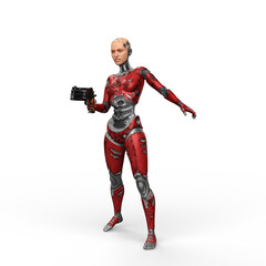 Fototapeta na wymiar 3D illustration of a futuristic female cyborg with red metallic body shooting gun in right hand isolated on a transparent background.
