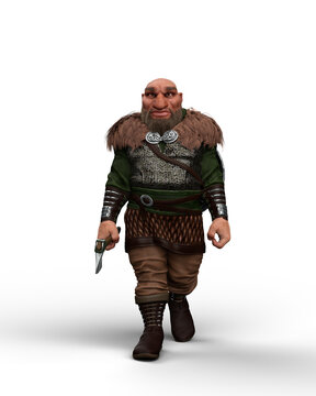 3D illustration of a fantasy warrior dwarf character in battle costume walking with an axe in his right hand isolated on a transparent background.