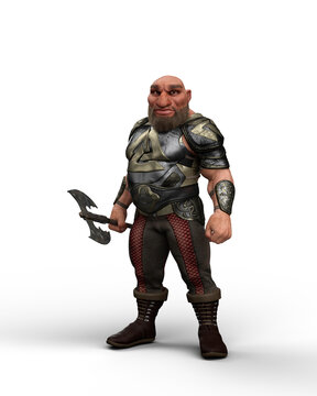3D illustration of a fantasy dwarf character wearing armour and holding a large battle axe isolated on a transparent background.