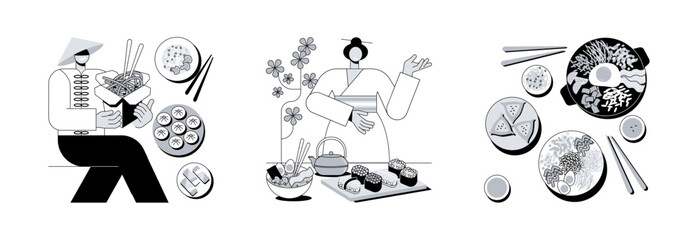 Asian food abstract concept vector illustration set. Chinese and Japanese food, Korean cuisine, oriental restaurant menu, asian spice, sushi takeout, dim sum, chopsticks eating abstract metaphor.