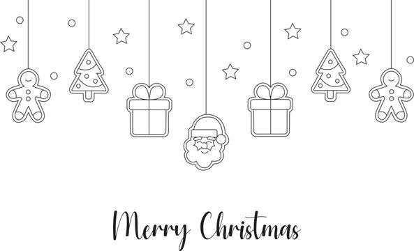 Cartel de Navidad con dibujos de adornos navideños silueta en negro Visat de frente y de cerca. Icono vector