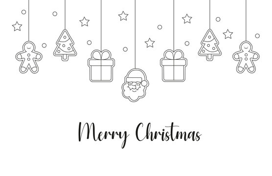 Cartel de Navidad con dibujos de adornos navideños silueta en negro sobre un fondo blanco liso y aislado. Visat de frente y de cerca