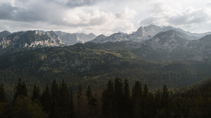 Aerial footage of Durmitor national park in Montenegro. Northern park with high mountains and lovely landscape. City of Zabljak is Aspen of Crna gora. Nice place for winter and summer holiday vacation
