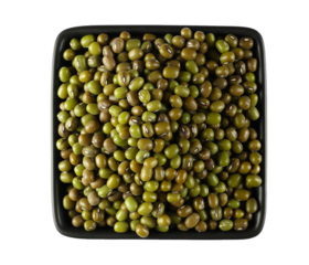 Organic raw green beans mungo in ceramic bowl isolated on white, top view