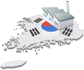 3D map of South Korea in the colors of the South Korean flag with a factory on it (cut out)