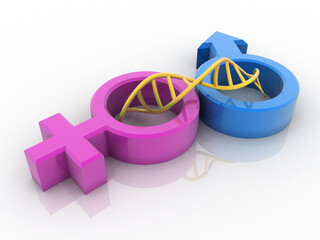 3D rendering Gender symbols of man and woman with dna
