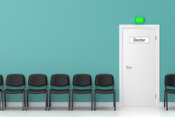 Waiting room in the doctor's office. Calm hospital interior design. Empty chairs line up. The free entry indicator is lit. 3d rendering.