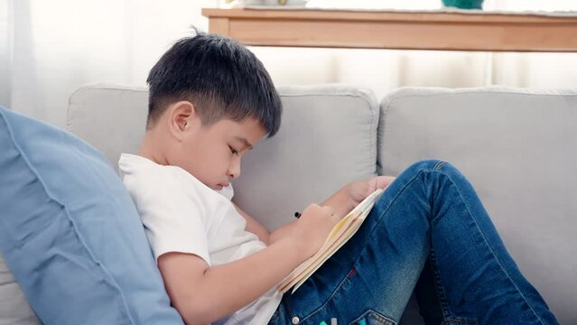 4K, Close Up An Asian boy is dying on the sofa in the living room of the house holding a notepad and is happily drawing on the paper with paint.