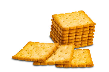Stack of dry sweet crunchy delicious square shape crackers isolated on white background with clipping path.