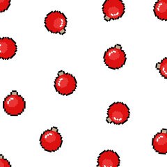 Pixel Christmas red bauble pattern. Festive xmas decorations. 8 bit retro winter xmas icons. White background. Festive mood. Happy New Year, Merry Christmas. Vector illustration.
