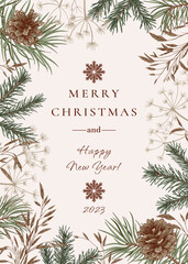 Christmas invitation with fir and pine branches and cones.  Holiday card with dried grasses.  New year template. Botanical vector illustration. Natural tones. Sketch.
