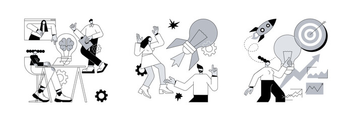 Creative thinking abstract concept vector illustration set. Team brainstorming, idea management, project management, startup collaboration, find solution, product development stage abstract metaphor. © Vector Juice