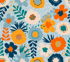 Cute spring seamless pattern with hand drawn flowers and leafs. Floral colorful background for children products, raster version