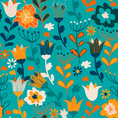 Cute seamless pattern with colorful flowers, childish illustration, raster version