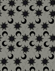 Sun and Moon seamless pattern, spiritual, astrology, tarot theme, raster version