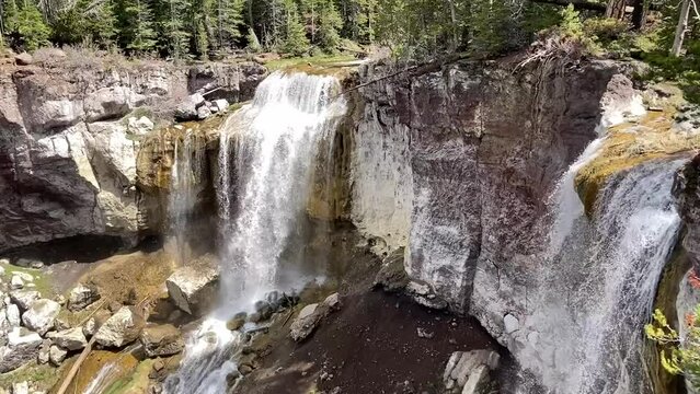Beautiful Paulina Creek Falls in Springtime flow over the horseshoe cliffs and surrounded by evergreen forest - Newberry National Volcanic Monument, nr Bend, Oregon, USA