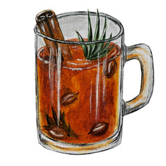 Watercolor clipart. Sea ​​buckthorn tea with cannamon and sage