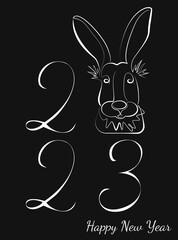 The image of the hare and the numbers 2023 in one white line on the dark background. Happy New Year 2023. Vector illustration