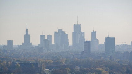 Aerial landscape of distant Warsaw city center, Poland