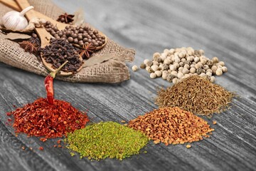 Food ingredient. Set of different seasoning on the desk