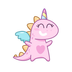 Dinocorn, dinosaur unicorn cute hand drawn doodle. Funny cartoon monster or dragon. Dinosaur girl unicorn for print design. Pink Gragon Unicorn or dinosaur  doodle art for kids design. Isolated vector