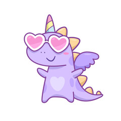 DinoCorn, dinosaur unicorn - funny hand drawn doodle. Cute cartoon dragon. Dinosaur girl unicorn for t-shirt textile design. Purple Gragon Unicorn or dinosaur hand drawn vector for kids design