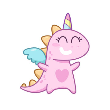 Dinocorn, dinosaur unicorn cute hand drawn doodle. Funny cartoon monster or dragon. Dinosaur girl unicorn for print design. Pink Gragon Unicorn or dinosaur  doodle art for kids design. Isolated vector