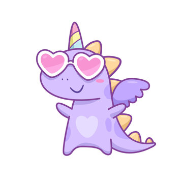 DinoCorn, dinosaur unicorn - funny hand drawn doodle. Cute cartoon dragon. Dinosaur girl unicorn for t-shirt textile design. Purple Gragon Unicorn or dinosaur hand drawn vector for kids design