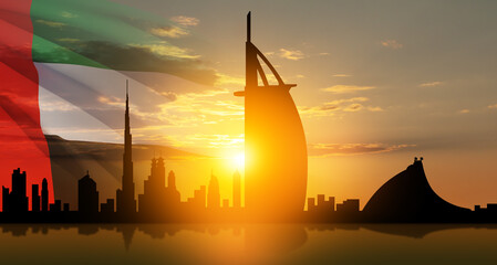 United Arab Emirates flag and Dubai skyline view at sunset. UAE celebration. National day, Flag...