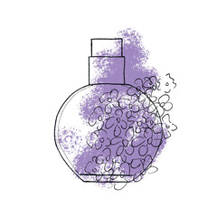 Purple Perfume bottle sketch illustration. Isolated woman perfume. . Print for shirts, wallpaper, poster, cards, gift voucher
