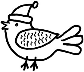 Cute bird in winter hat with pompom. Simple hand-drawn doodle. Black and white outline vector illustration for children coloring page