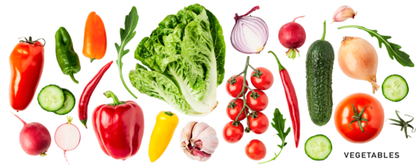 Different salad vegetable set. PNG with transparent background. Flat lay. Without shadow.