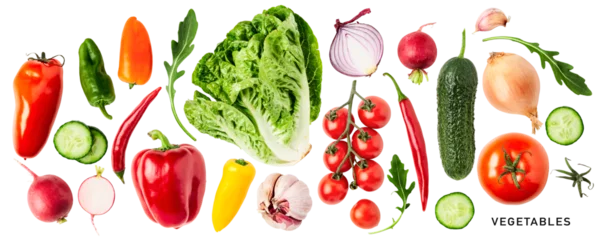 Fotobehang Different salad vegetable set. PNG with transparent background. Flat lay. Without shadow. © ifiStudio