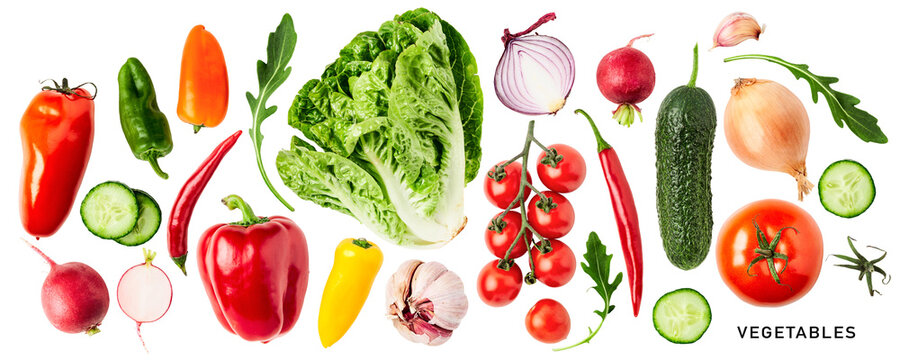 Different salad vegetable set. PNG with transparent background. Flat lay. Without shadow.