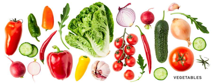 Different salad vegetable set. PNG with transparent background. Flat lay. Without shadow. - Powered by Adobe