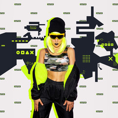 Contemporary digital collage art. Fashion clubbing dj girl. party concept